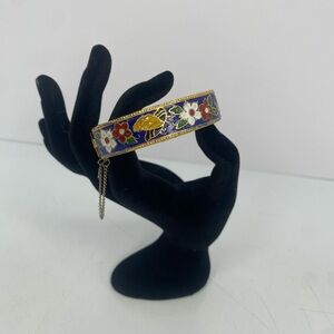 Cloisonne Hinged Cuff Bracelet Butterfly Design Gold Tone Safety Chain